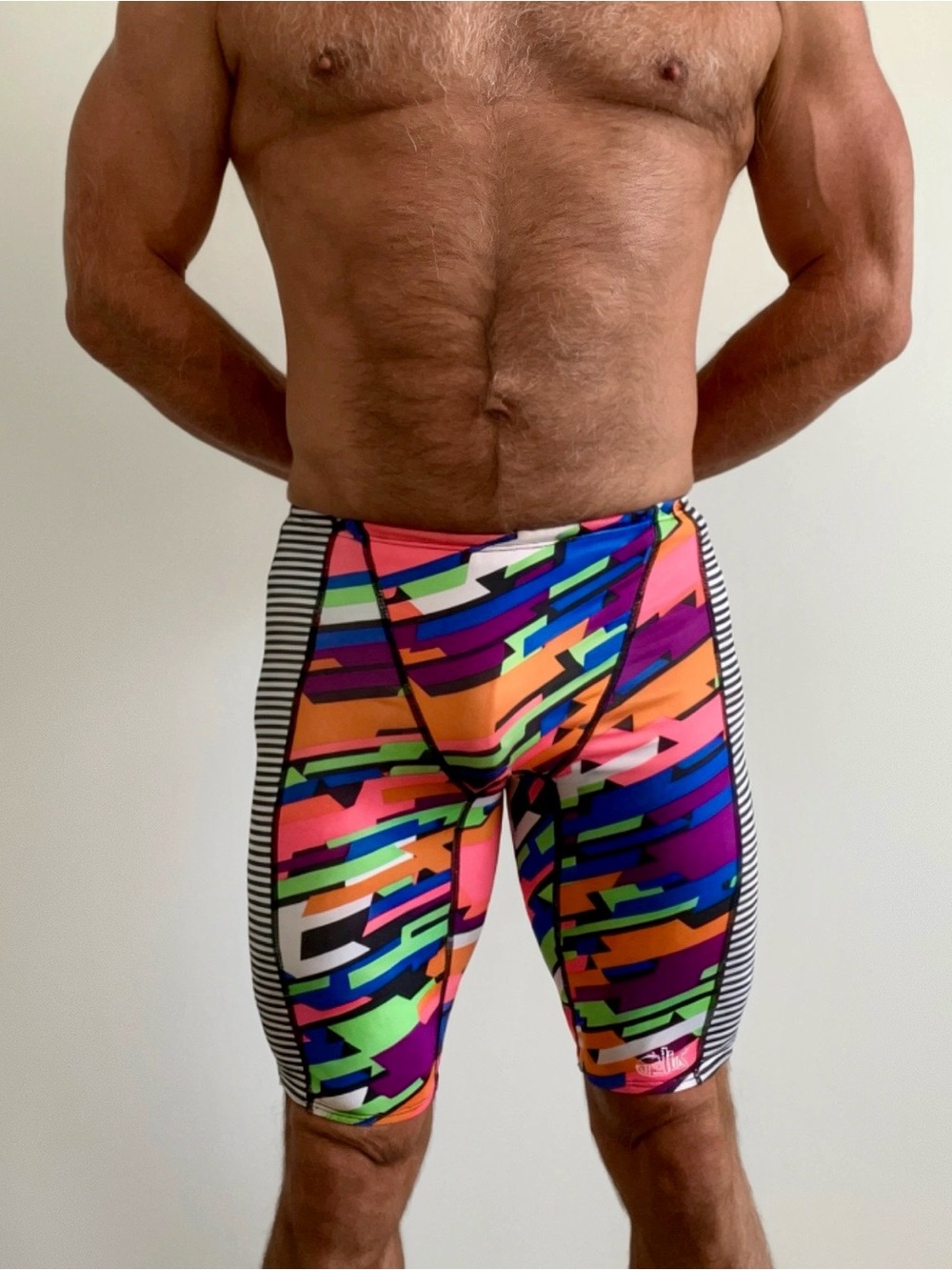 Dolfin Men's Bright Multi-Color Geometric Swim Jammer, size 32 medium, Hybrids